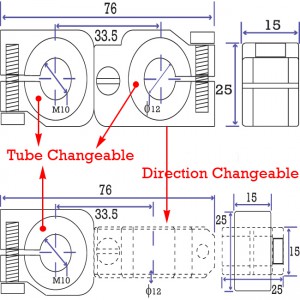 90 degree Swivel & Tube Changeable Cross Clamp for 10mm tube & M10 threaded arm