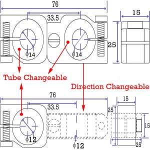 90 degree Swivel & Tube Changeable Cross Clamp for 14mm tubes